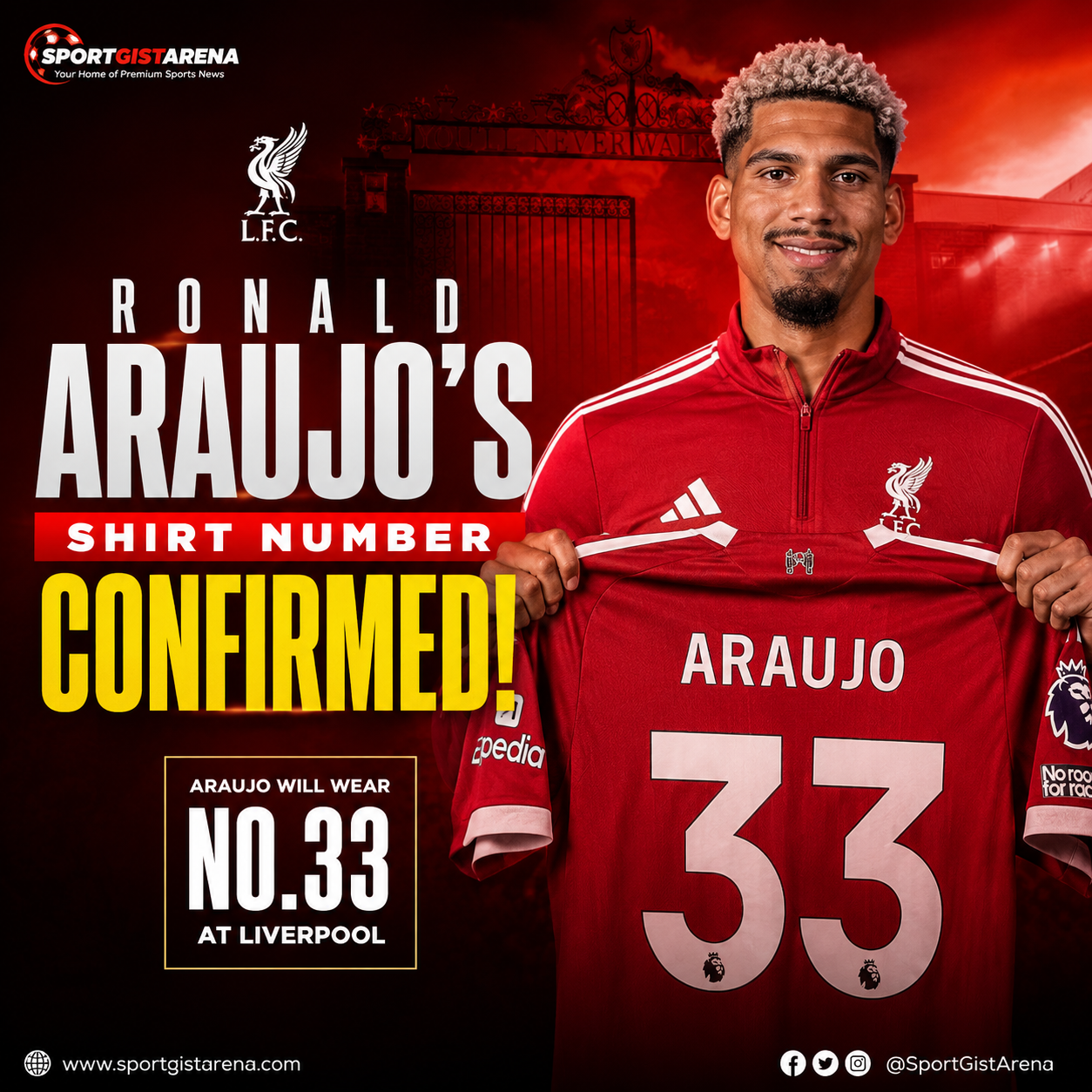 Ronald Araujo wearing Liverpool colours after joining the club
