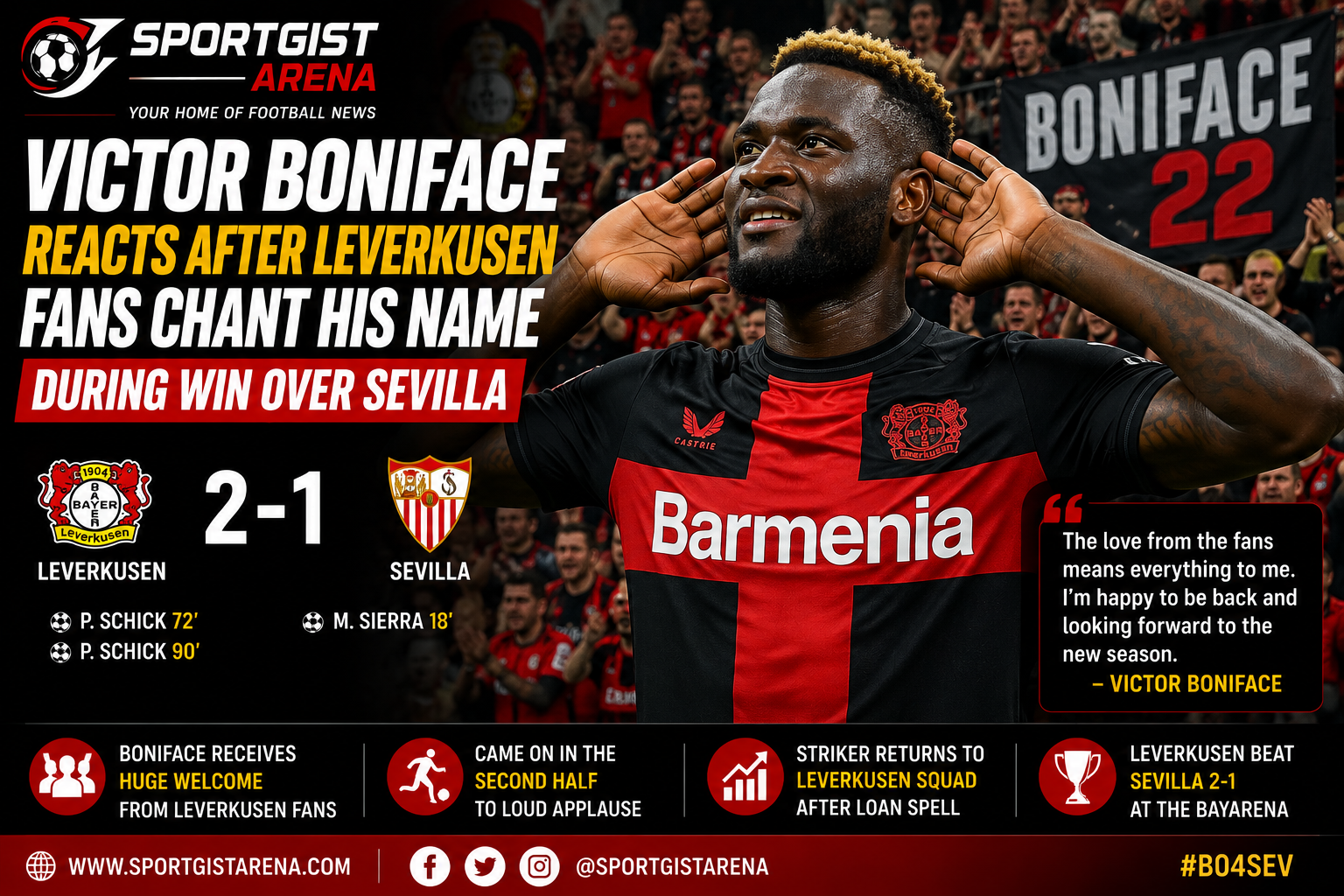 Victor Boniface receives support from Bayer Leverkusen fans during Sevilla win
